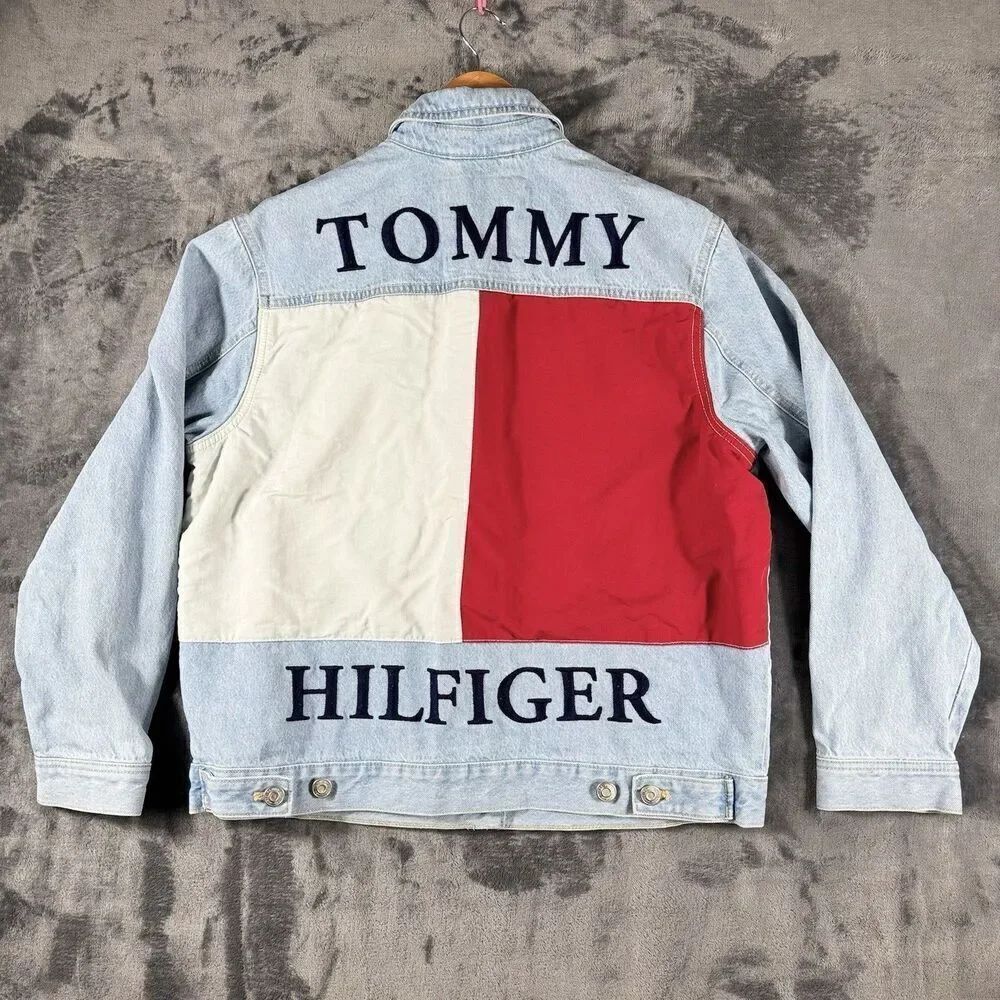 Vintage Sz L Tommy Hilfiger Denim Jacket Big Logo Flag Patch 90s Y2k Embroidery